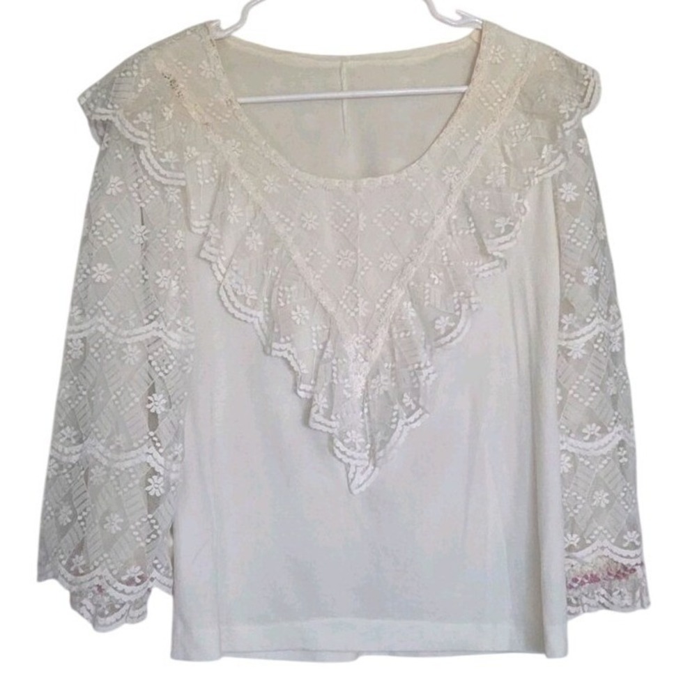 Vintage Victorian Lace Blouse White Ruffle V-Yoke Boho Coquette Romantic Sz Med